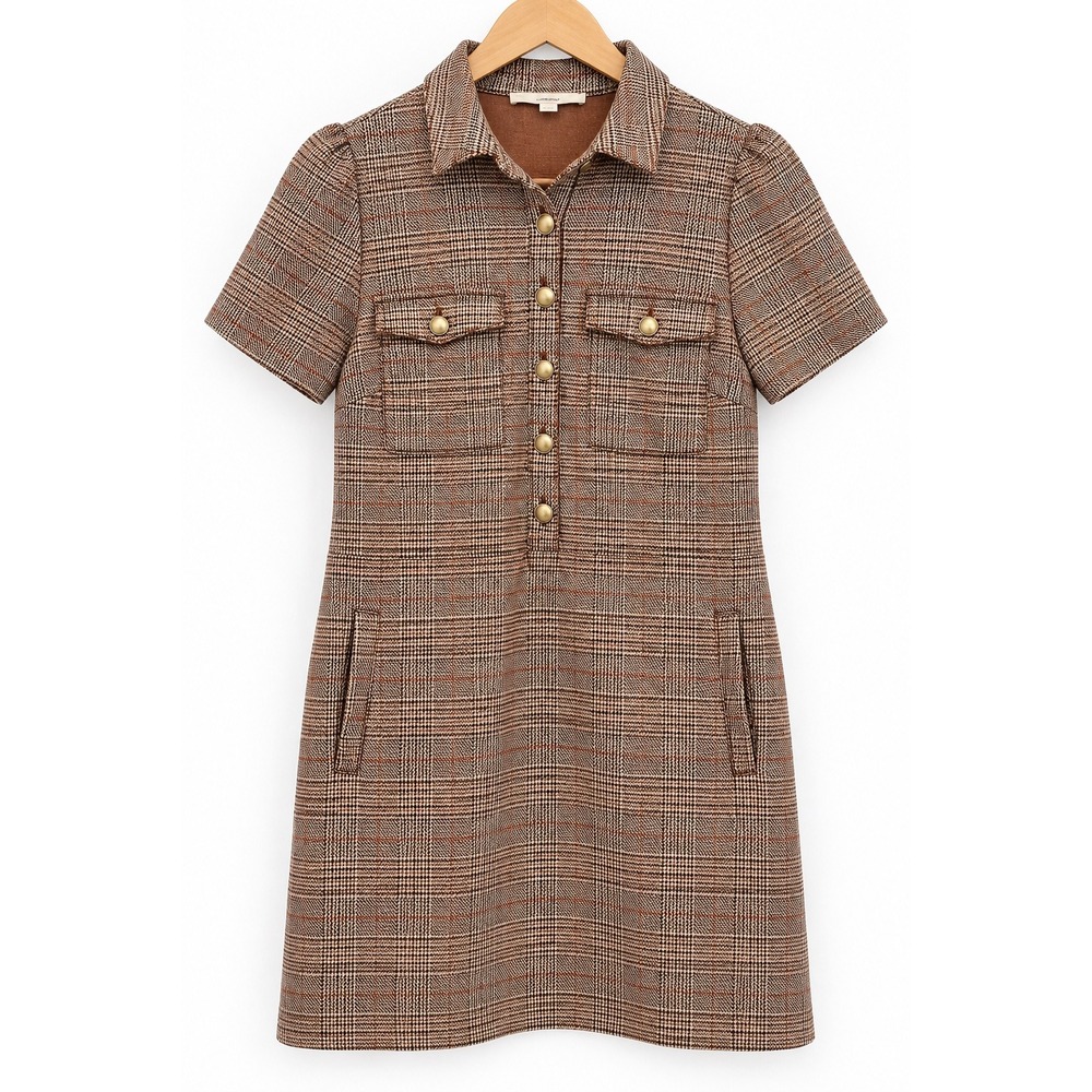 Loft Academia Brown Glen Plaid Short Sleeve Button Front Sheath Dress Sz 8 Fall